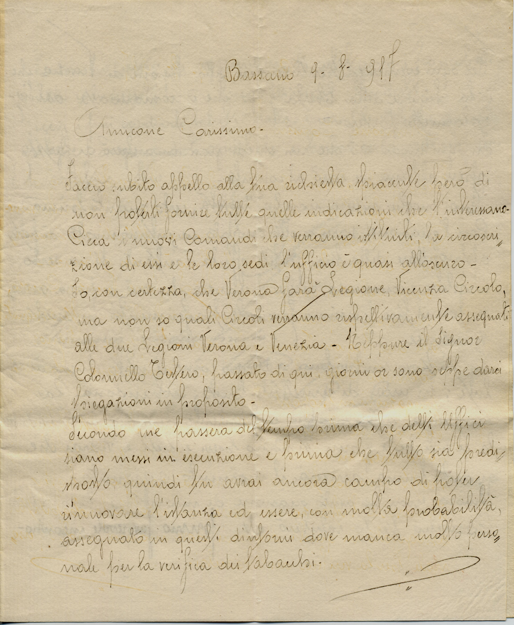 Lettera di Lunardi del 9 agosto 1917