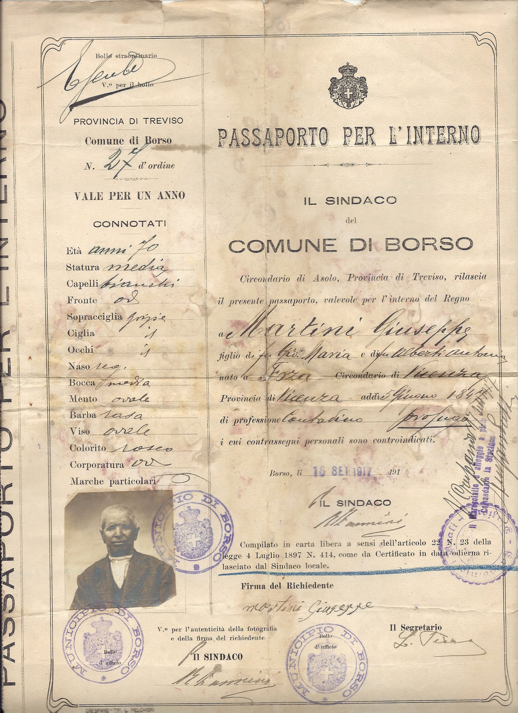 Passaporto Giuseppe Martini del 18 settembre 1917